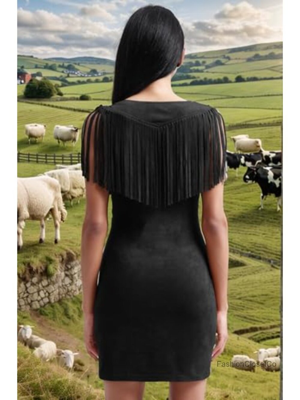 Fringe Vest Dress Faux Suede V Neck A Line Mini Western Cowgirl Slight Stretch - Picture 4 of 5